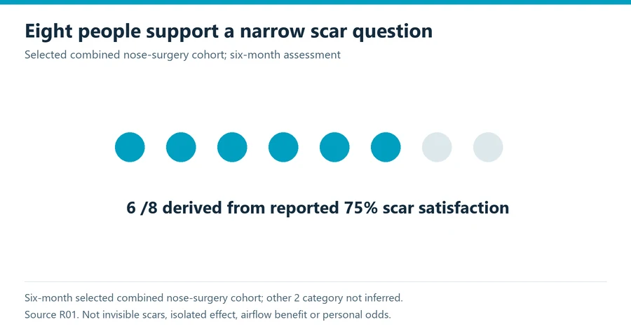 Alar base reduction study diagram showing six derived scar-satisfaction responses among eight selected combined-procedure patients