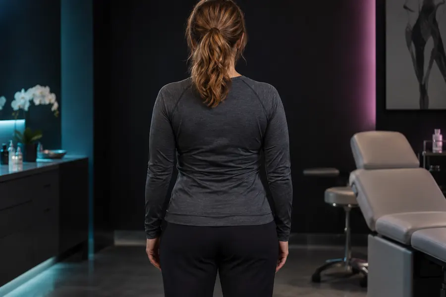 Bra line back lift guide: rear-view editorial portrait of a clothed adult showing the back and upper-body region