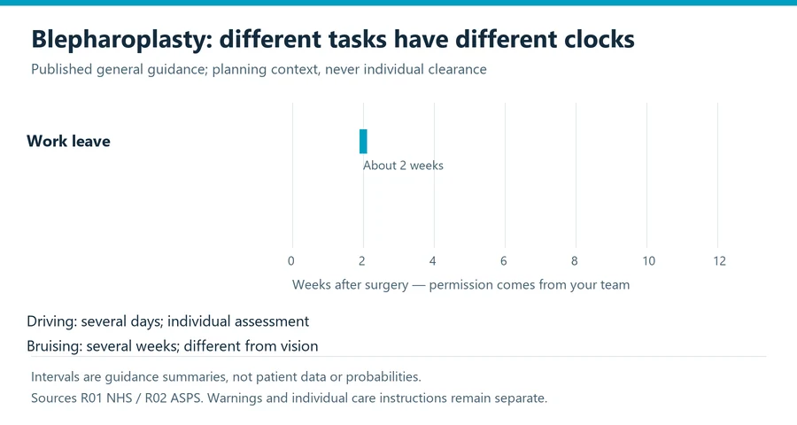 blepharoplasty recovery planning timeline showing separate work, activity and appearance endpoints