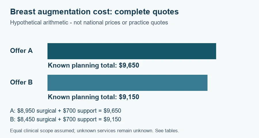Hypothetical breast augmentation cost comparison: Offer A totals $9,650 and Offer B $9,150 after explicit exclusions