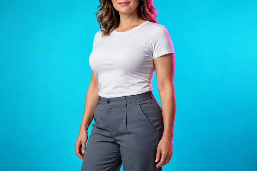 Breast reconstruction guide: clothed adult editorial model showing natural upper-body proportions