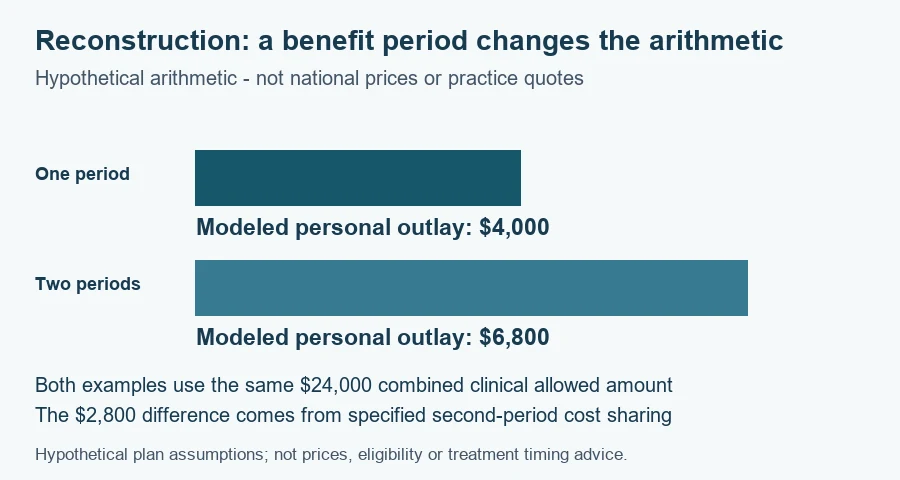 Breast reconstruction cost worksheet: hypothetical planning amounts $4,000 and $6,800 under the documented scenarios