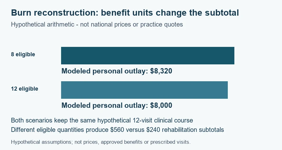 Burn reconstruction cost worksheet: hypothetical planning amounts $8,320 and $8,000 under the documented scenarios