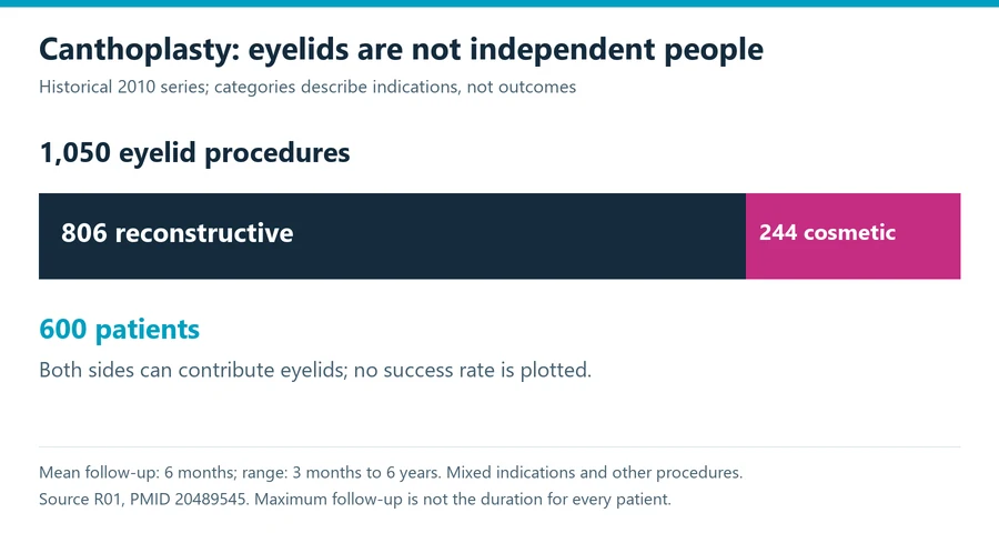 Canthoplasty chart showing 806 reconstructive and 244 cosmetic eyelid procedures in a 600-person historical series