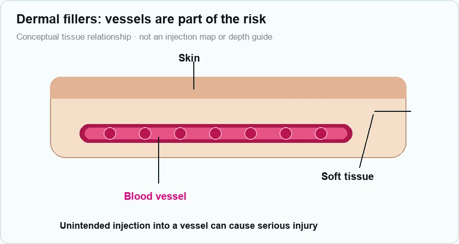 Dermal filler safety illustration showing a blood vessel within soft tissue beneath the skin