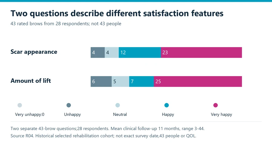 Direct brow lift chart showing separate scar and lift satisfaction responses for 43 rated brows from 28 historical questionnaire respondents