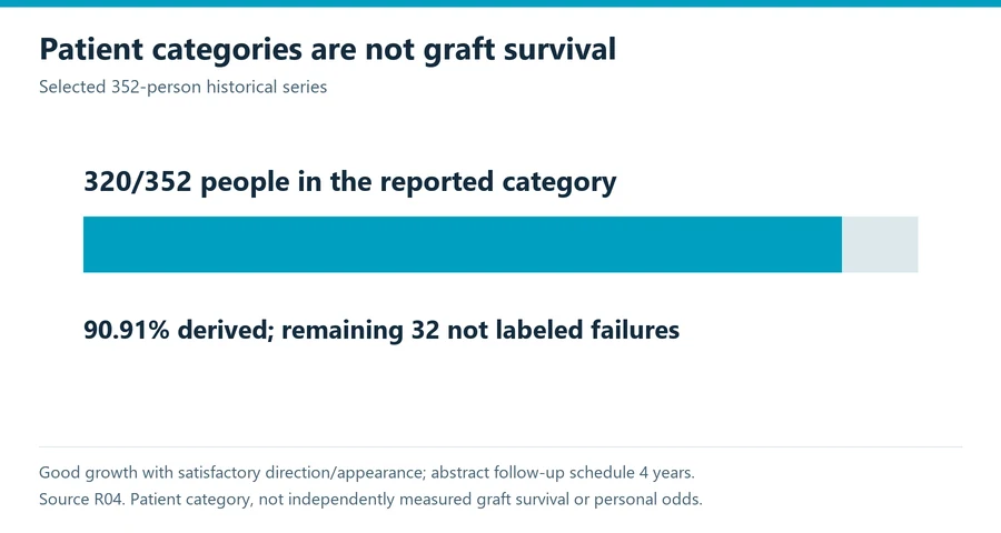 Eyebrow transplant study reported 320 of 352 patients with good growth and satisfactory direction and appearance; patient-level category, not the percentage of grafts surviving