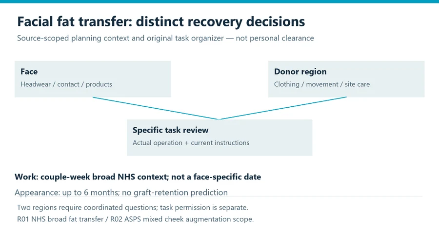 facial fat transfer recovery planning diagram separating tasks, care review and later appearance endpoints