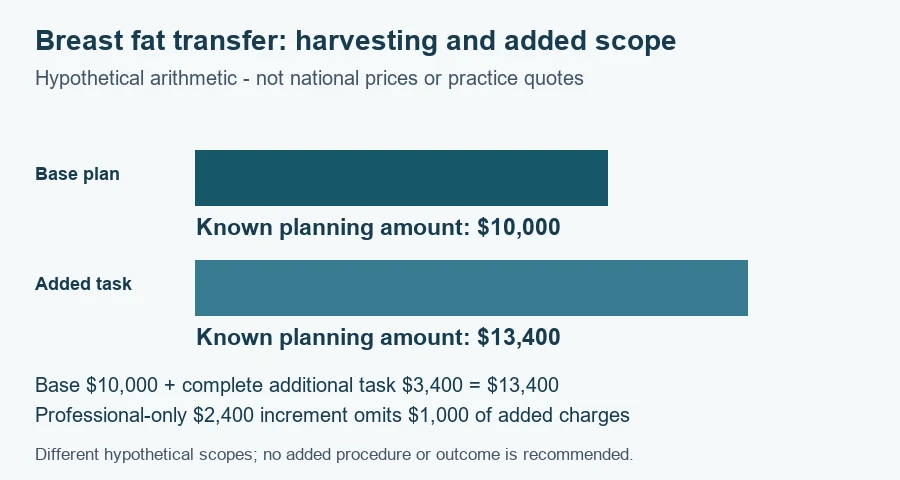 Fat transfer breast augmentation cost worksheet: hypothetical planning amounts $10,000 and $13,400 under the documented scenarios