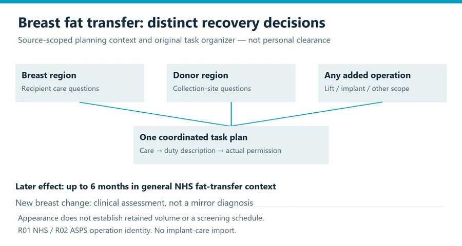 fat transfer breast augmentation recovery planning diagram separating tasks, care review and later appearance endpoints