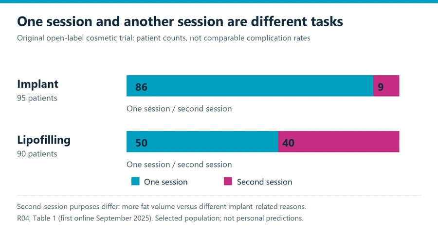 Fat transfer breast augmentation versus implant trial chart showing one-session and second-session patient counts, with different second-procedure purposes.
