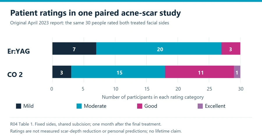 Fractional CO2 vs erbium laser: patient-rated improvement categories in a 30-person acne-scar study, assessed one month after the final treatment.