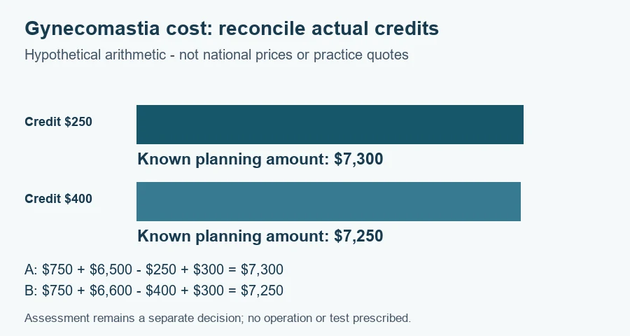 Gynecomastia surgery cost worksheet: hypothetical planning amounts $7,300 and $7,250 under the documented scenarios