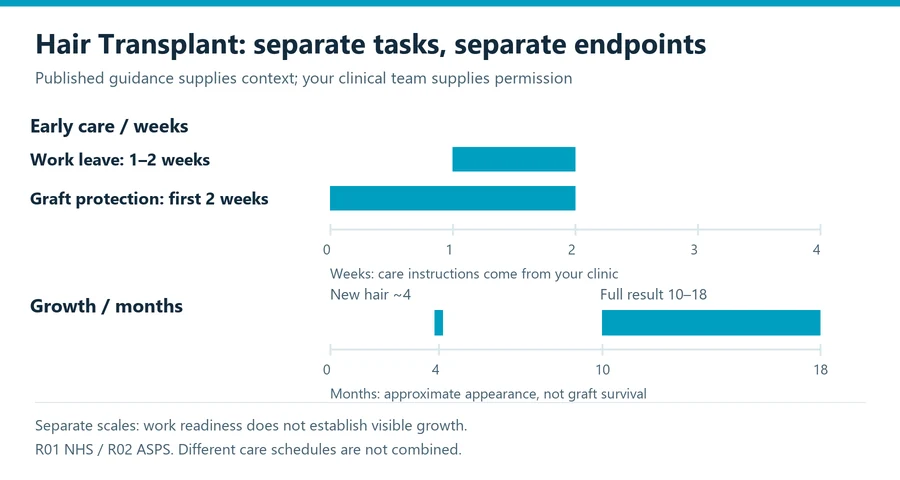 hair transplant recovery planning diagram separating tasks, care review and later appearance endpoints