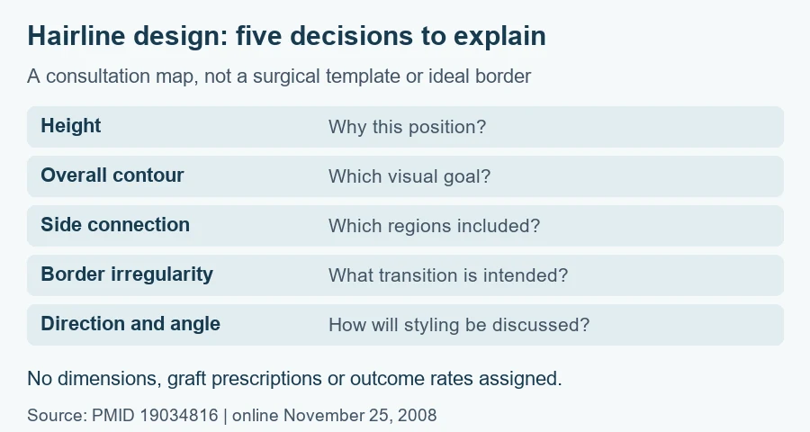 Hairline design consultation map: height,contour,side connection,border irregularity,direction and angle; no measurements or graft prescription