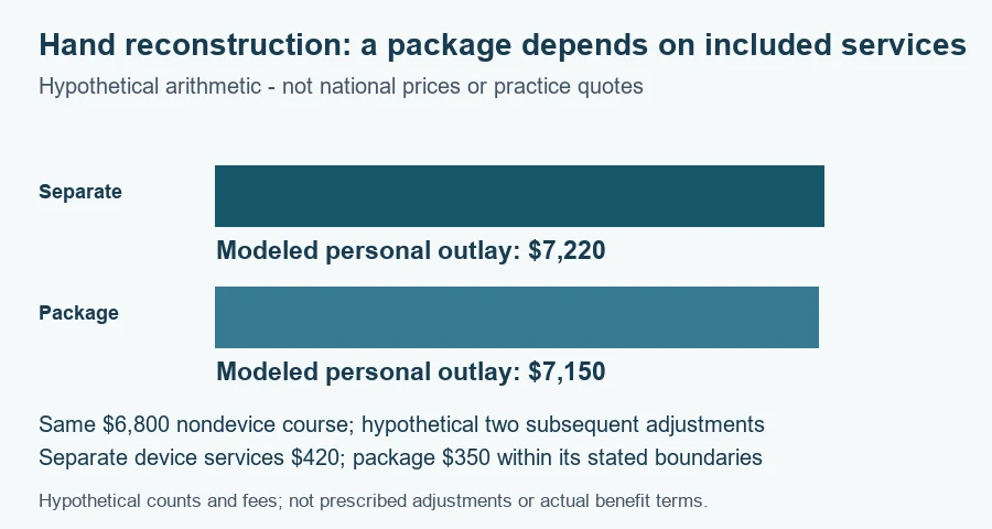 Hand reconstruction cost worksheet: hypothetical planning amounts $7,220 and $7,150 under the documented scenarios