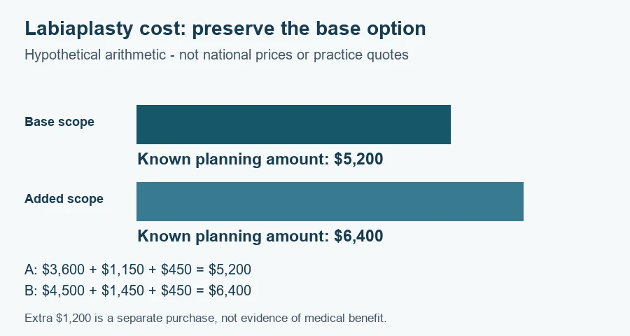 Labiaplasty cost worksheet: hypothetical planning amounts $5,200 and $6,400 under the documented scenarios