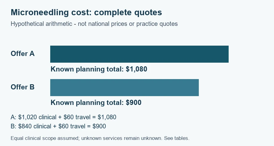Hypothetical microneedling cost comparison: Offer A totals $1,080 and Offer B $900 after explicit exclusions