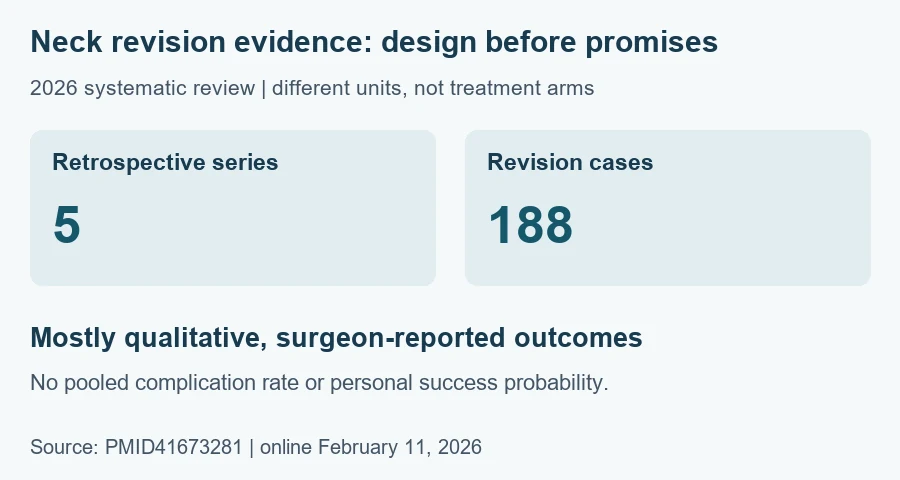 2026 neck revision review: five retrospective series, 188 cases, mostly qualitative surgeon-reported outcomes; no pooled risk estimate