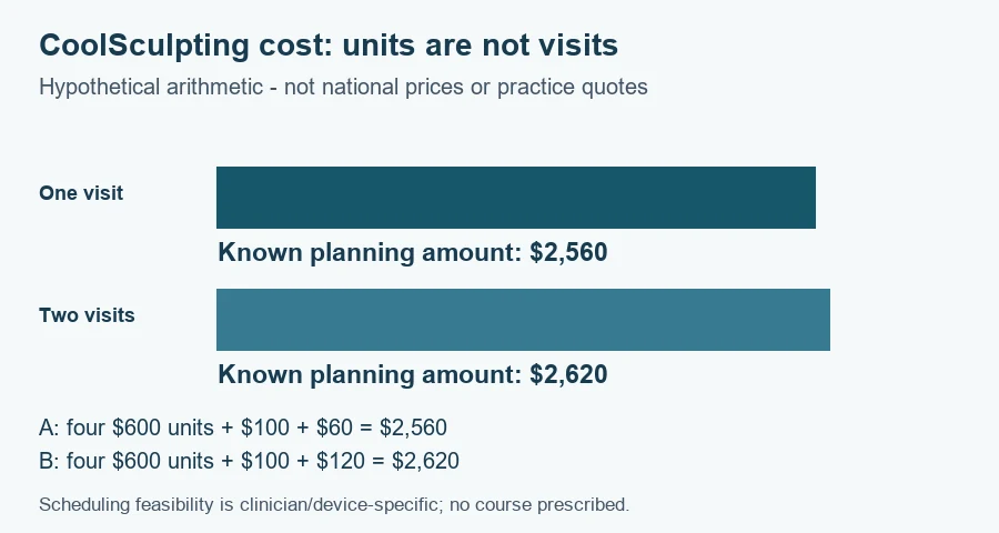Coolsculpting cost worksheet: hypothetical planning amounts $2,560 and $2,620 under the documented scenarios