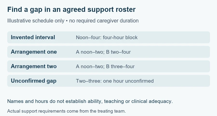 Plastic surgery caregiver planning worksheet comparing two illustrative helper schedules and identifying a one-hour availability gap