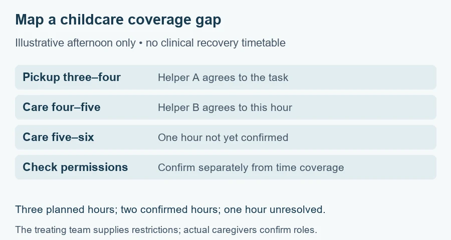 Plastic surgery childcare planning worksheet showing illustrative pickup and care blocks with one hour of support still unconfirmed