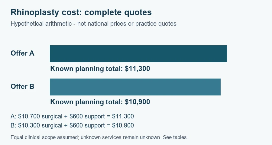 Hypothetical rhinoplasty cost comparison: Offer A totals $11,300 and Offer B $10,900 after explicit exclusions
