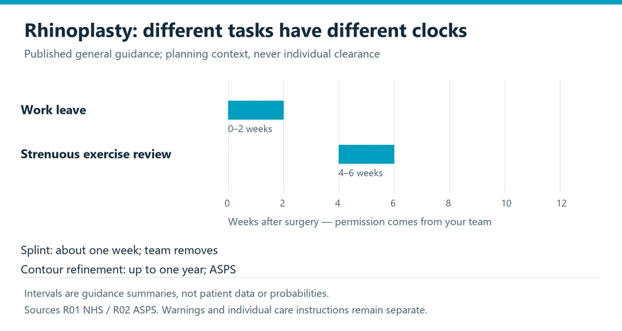 rhinoplasty recovery planning timeline showing separate work, activity and appearance endpoints