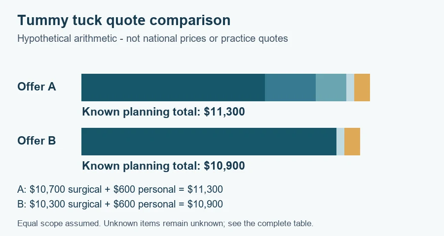 Hypothetical tummy tuck quotes: Offer A totals $11,300 and Offer B $10,900 after explicit included and excluded charges
