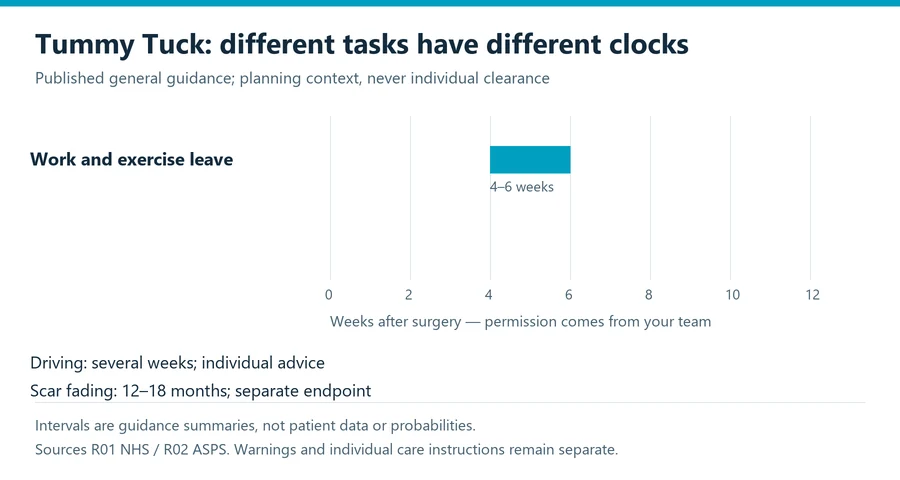 tummy tuck recovery planning timeline showing separate work, activity and appearance endpoints